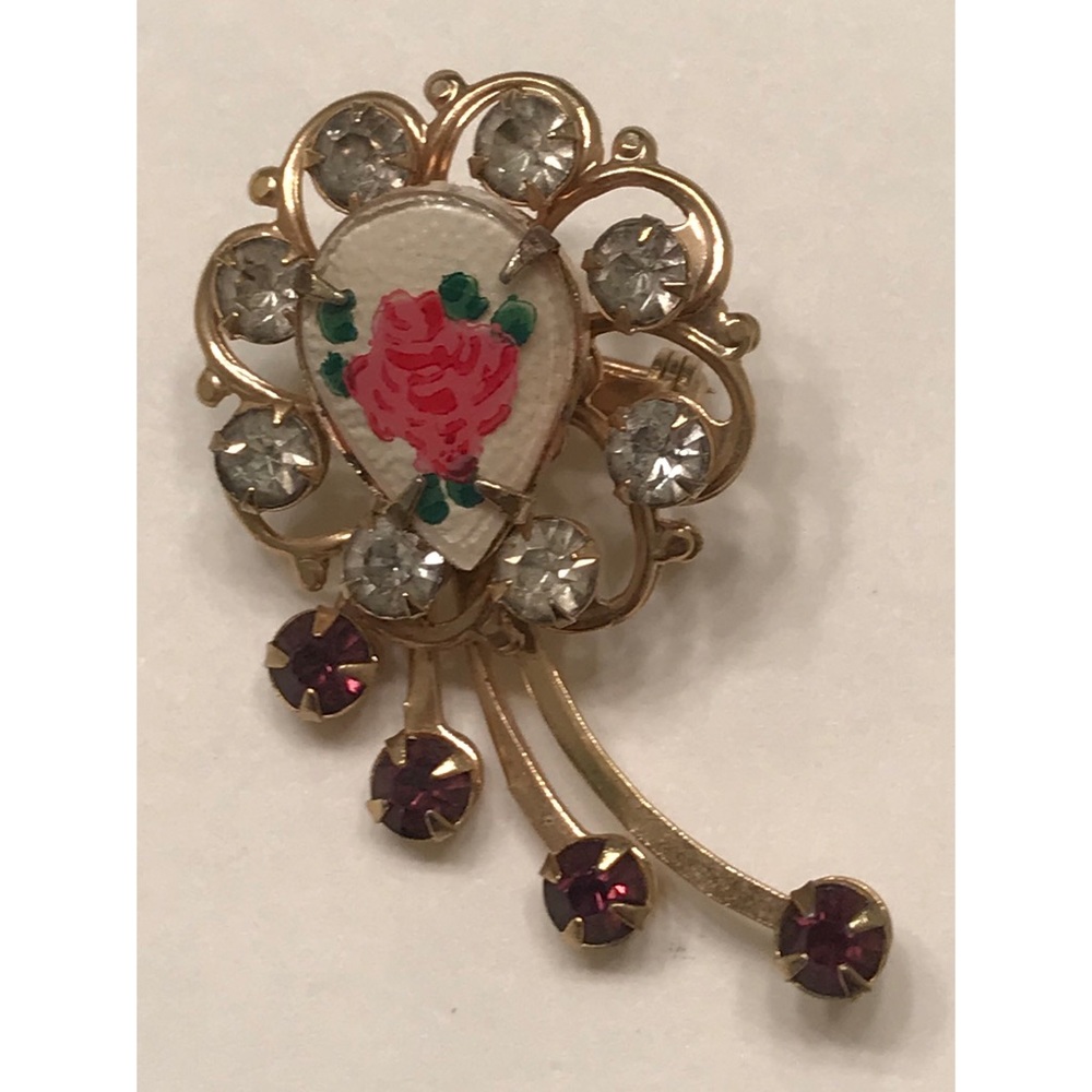 Antique Vintage Victorian Crystal Rose Flower Brooch Pin Gold Tone Estate
